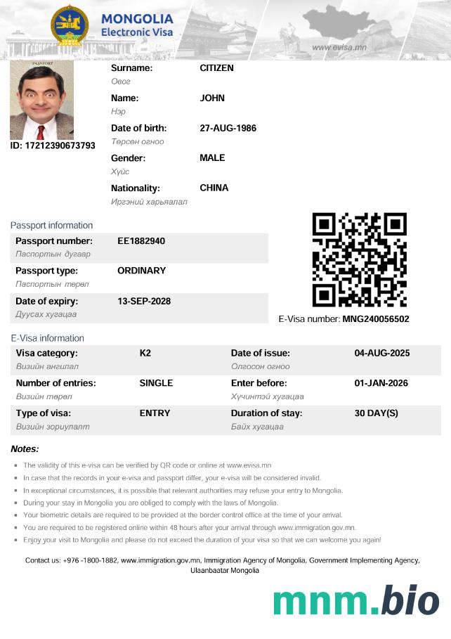 Mongolia elektroniczny szablon wizy
